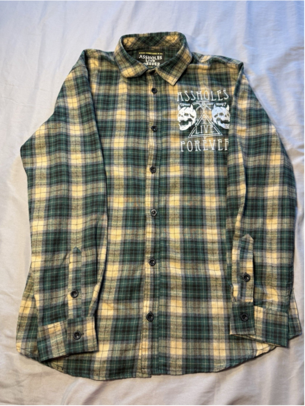 Assholes*s Live Forever Green Black Plaid Flannel Shirt Love Kills Slowly Sz XL